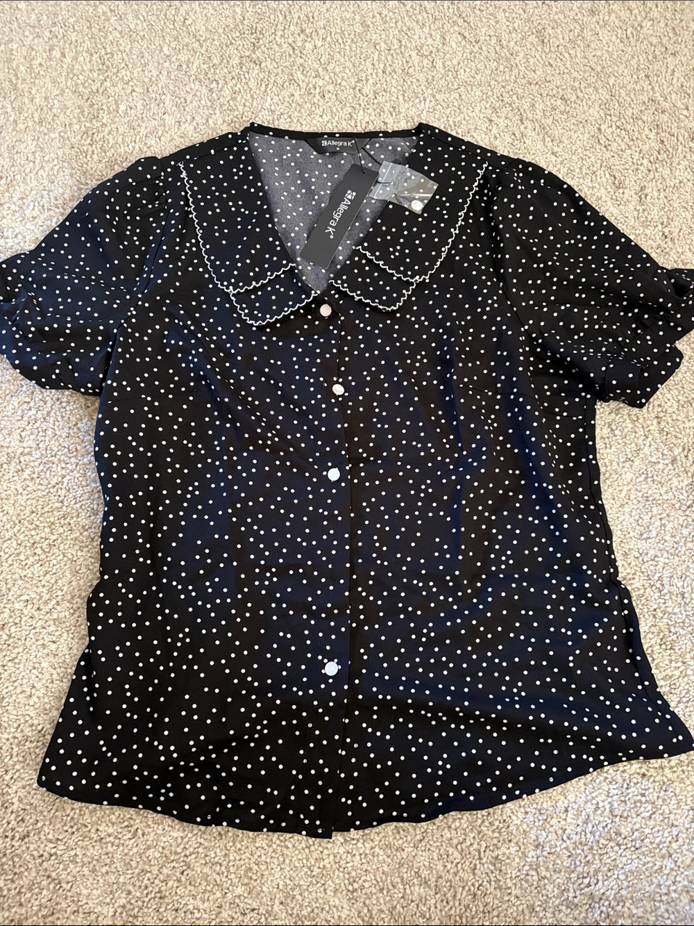 Allegra K Black and White Polka Dot Button-Down Blouse